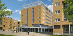 So wird sich der Haupteingang zum Klinikum nach Fertigstellung des Diagnostikzentrums zwischen 1. und 2. Bauabschnitt präsentieren. © HWP Planungsgesellschaft mbH Stuttgart