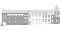 Südansicht mit neuen Dachgauben  v.l.n.r.: Hafthaus   Altes Gebäude   Hauptgebäude (mit Turm) © 2017 Albert und Planer / Baumanagement Ulrich BMU