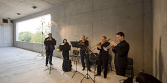Eine Ode an die Freude! Das Quintett der Mecklenburgischen Staatskapelle spielte zum Richtfest auf. © 2019 Betrieb für Bau und Liegenschaften Mecklenburg-Vorpommern