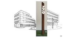 110  - Wettbewerbsbeitrag des Künstlers Jan Witte-Kropius - eine 2-teilige Installation  bestehend aus einer 110-Stele auf der Grünfläche vor dem Gebäude und einer 110-Skulptur auf der Dachbalustrade © 2022 Jan Witte-Kropius