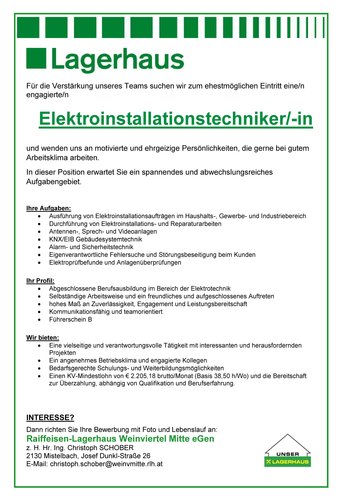 Elektrotechniker Mit Lehrabschlussprufung Helfer Lehrling W M Karriere Im Lagerhaus Weinviertel Ost