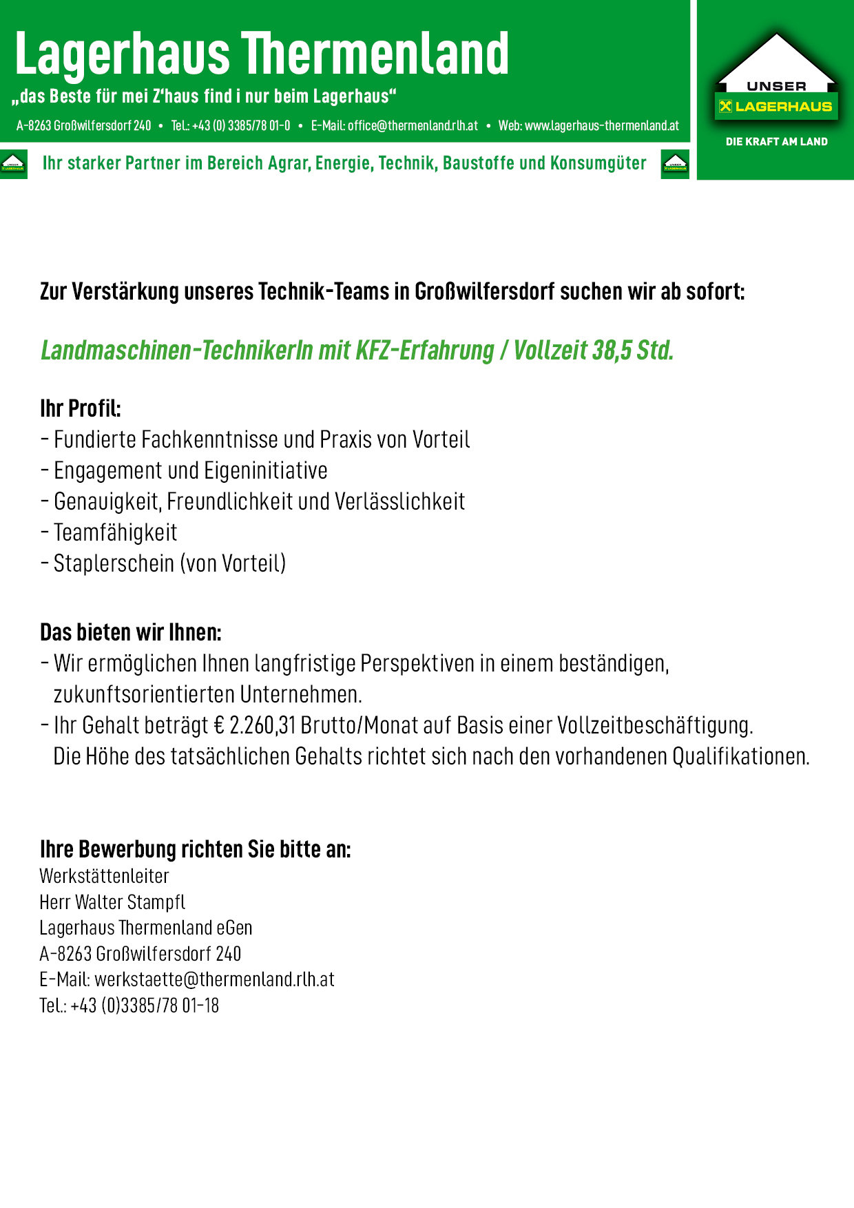 Landmaschinentechniker M W Mit Kfz Erfahrung Lagerhaus Thermenland